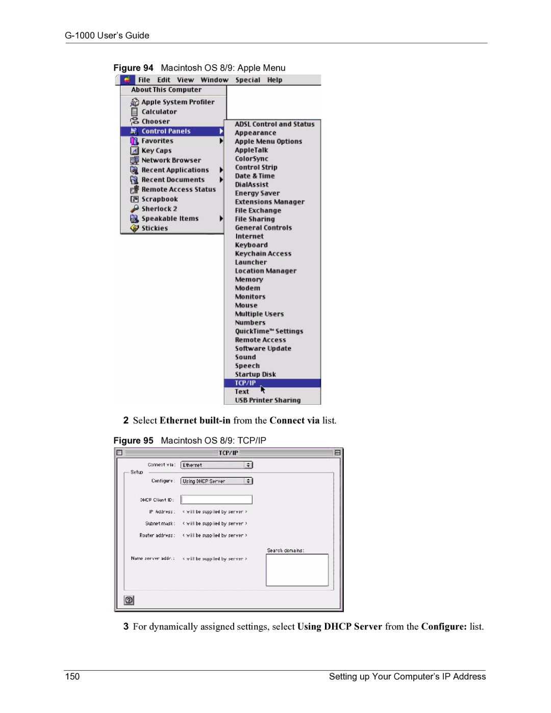 ZyXEL Communications G-1000 manual Macintosh OS 8/9 Apple Menu, Macintosh OS 8/9 TCP/IP 