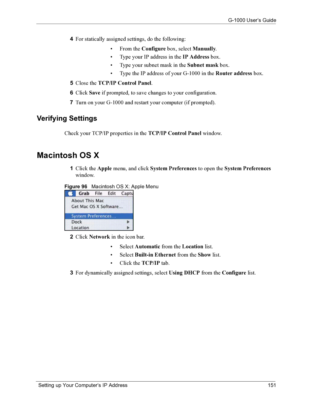 ZyXEL Communications G-1000 manual Macintosh OS, Setting up Your Computer’s IP Address 151 