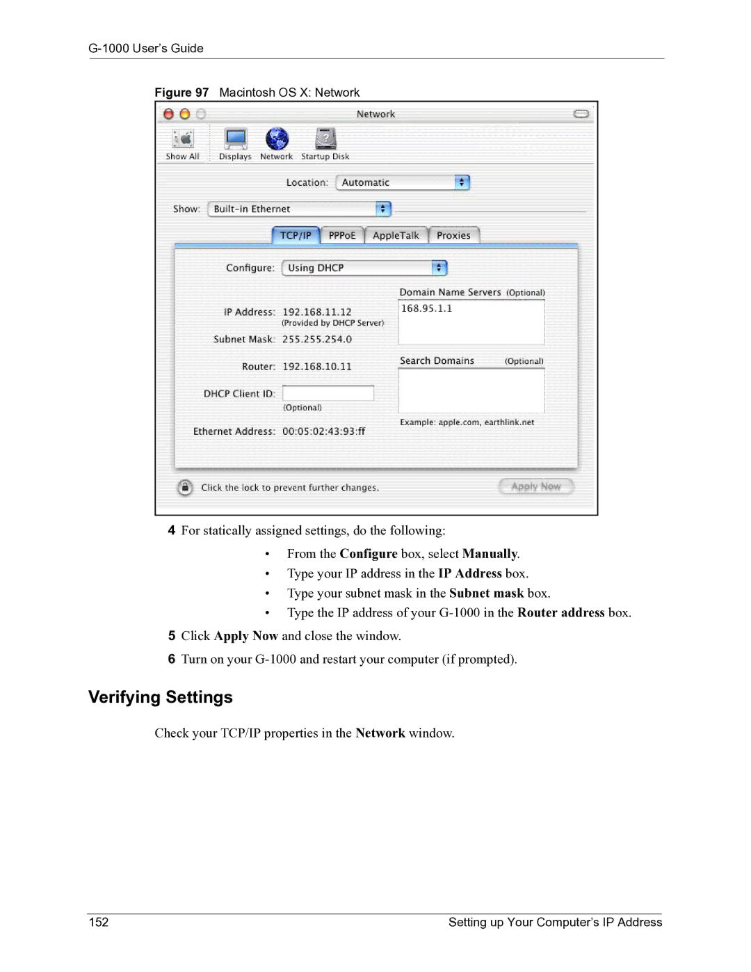 ZyXEL Communications G-1000 manual Macintosh OS X Network, Setting up Your Computer’s IP Address 