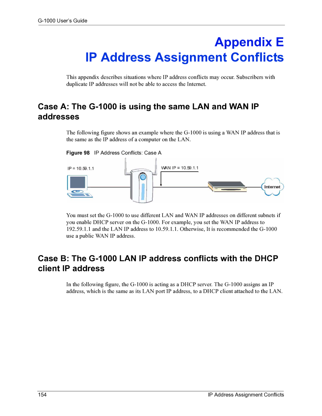 ZyXEL Communications manual Case a The G-1000 is using the same LAN and WAN IP addresses, IP Address Conflicts Case a 