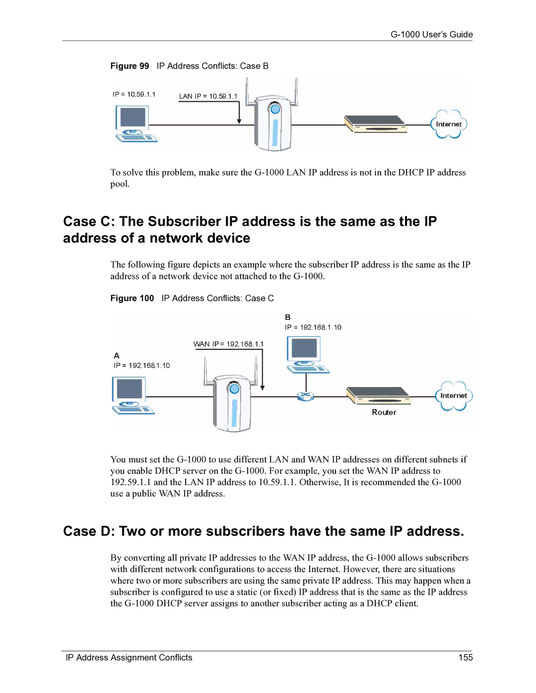 ZyXEL Communications G-1000 Case D Two or more subscribers have the same IP address, IP Address Assignment Conflicts 155 