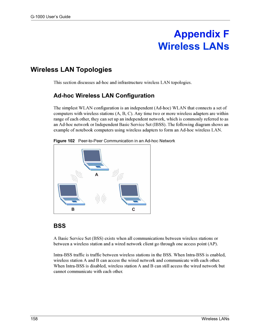 ZyXEL Communications G-1000 manual Wireless LAN Topologies, Ad-hoc Wireless LAN Configuration, Wireless LANs 