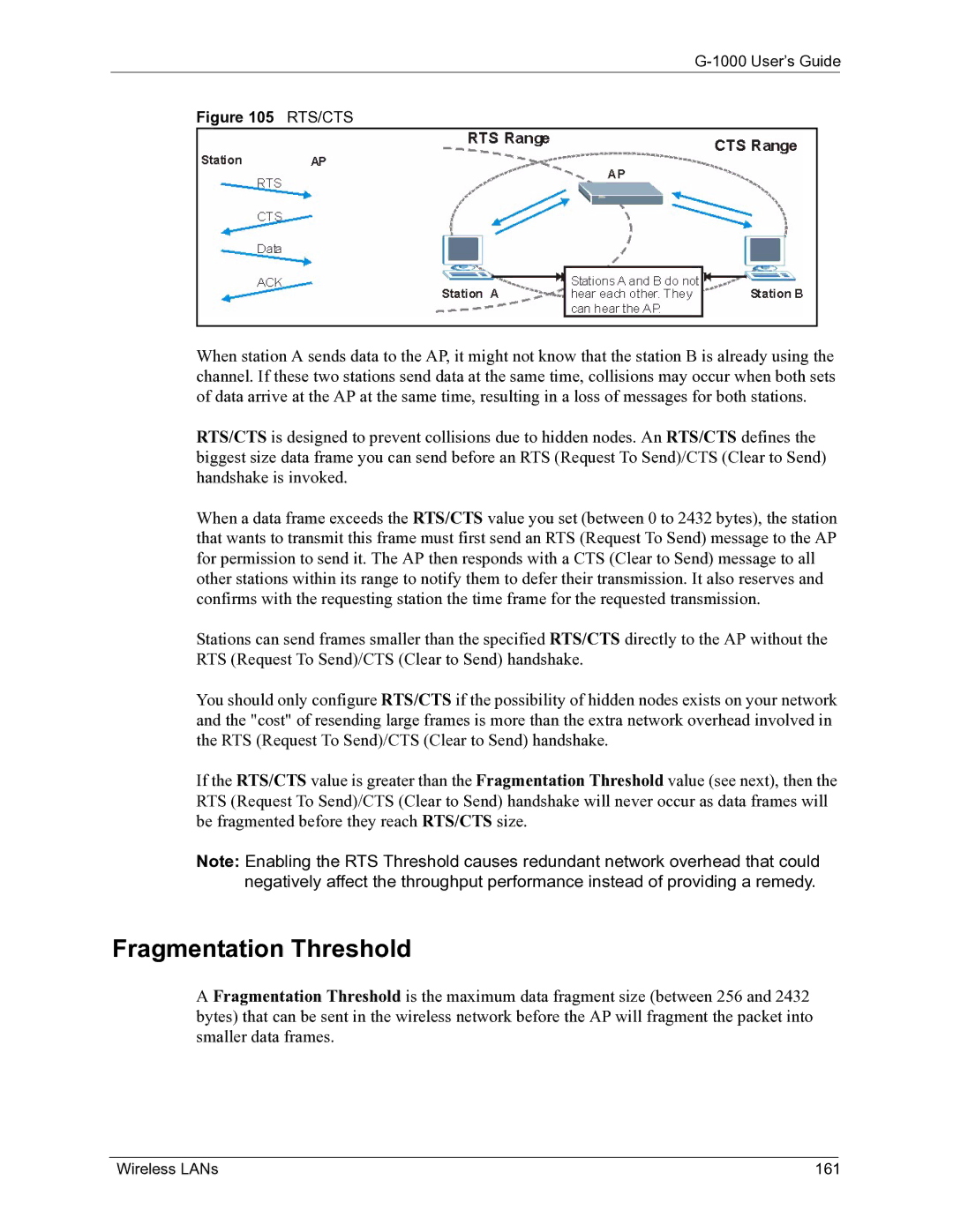 ZyXEL Communications G-1000 manual Fragmentation Threshold, Wireless LANs 161 