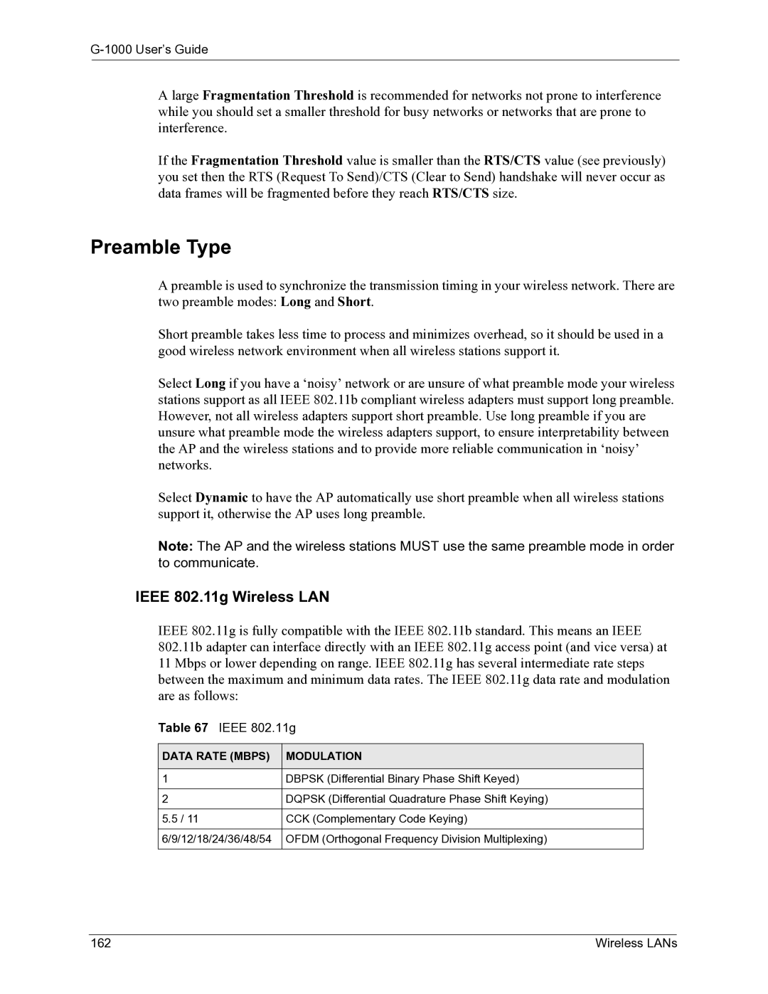 ZyXEL Communications G-1000 manual Preamble Type, Wireless LANs 