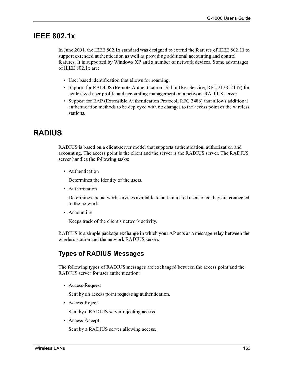 ZyXEL Communications G-1000 manual Ieee, Types of Radius Messages, Wireless LANs 163 