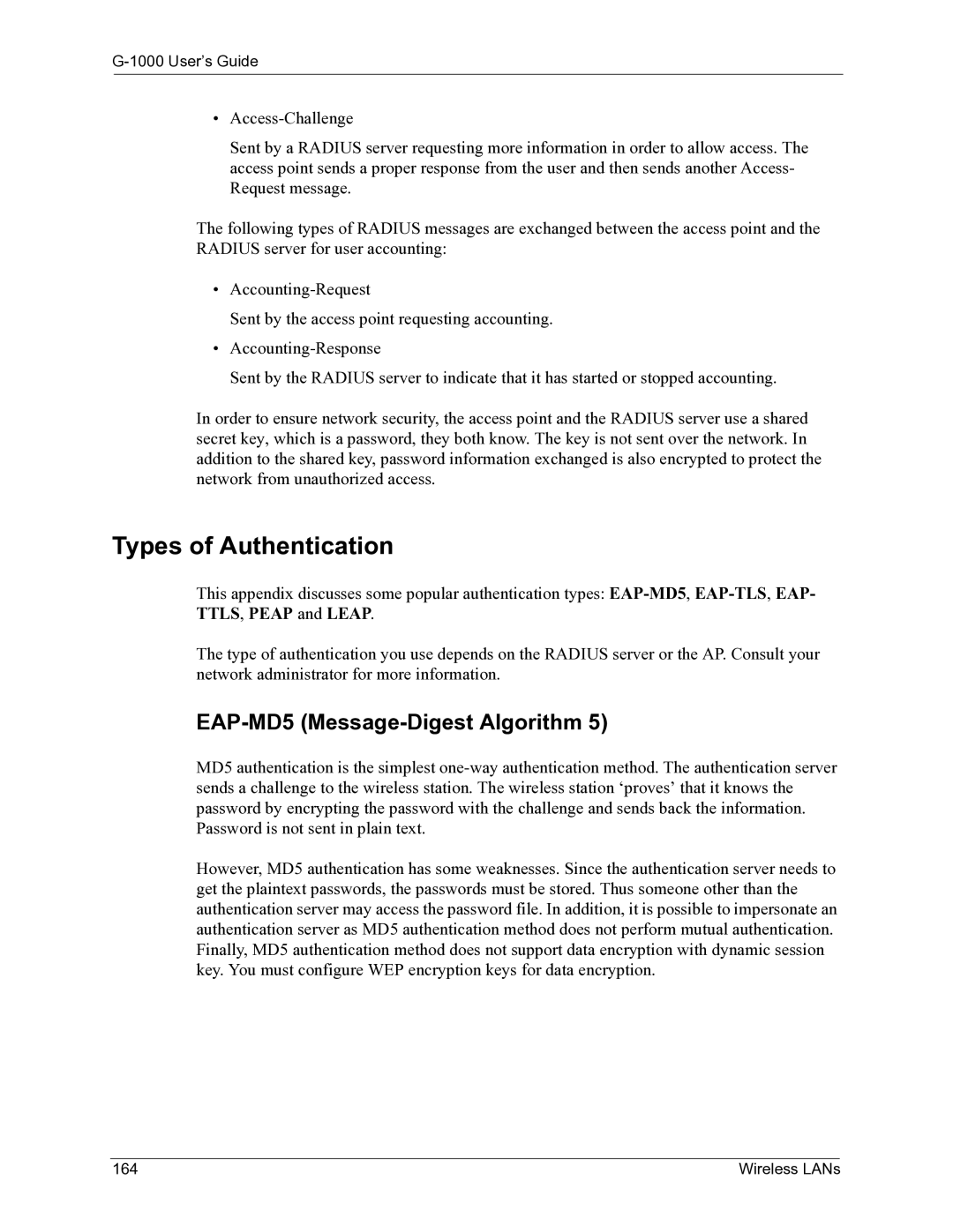 ZyXEL Communications G-1000 manual Types of Authentication, EAP-MD5 Message-Digest Algorithm, Wireless LANs 