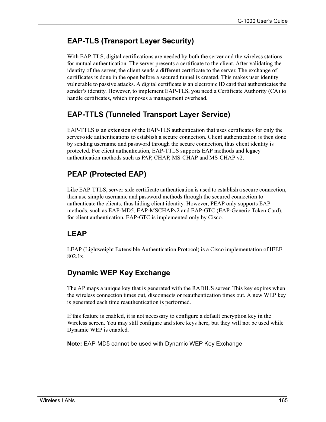 ZyXEL Communications G-1000 EAP-TLS Transport Layer Security, EAP-TTLS Tunneled Transport Layer Service, Wireless LANs 165 