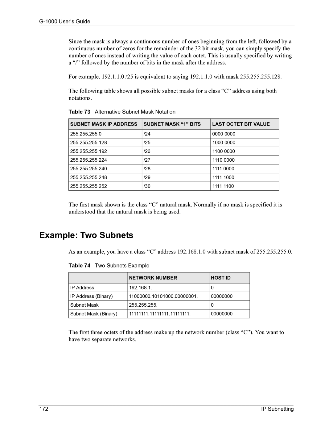 ZyXEL Communications G-1000 Example Two Subnets, Alternative Subnet Mask Notation, Two Subnets Example, IP Subnetting 