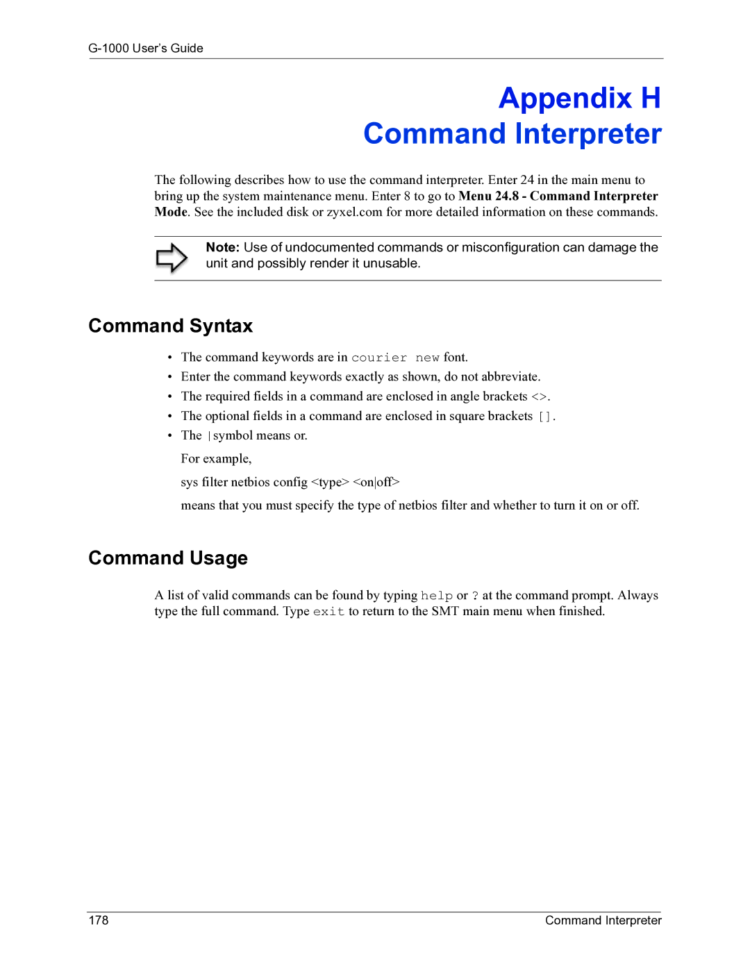 ZyXEL Communications G-1000 manual Command Syntax, Command Usage, Command Interpreter 