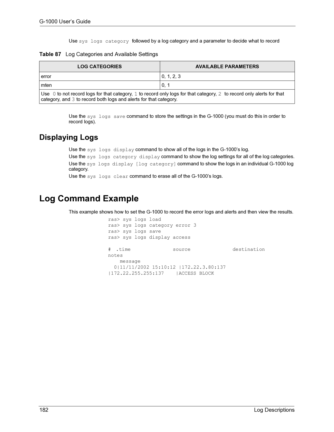 ZyXEL Communications G-1000 Log Command Example, Displaying Logs, Log Categories and Available Settings, Log Descriptions 