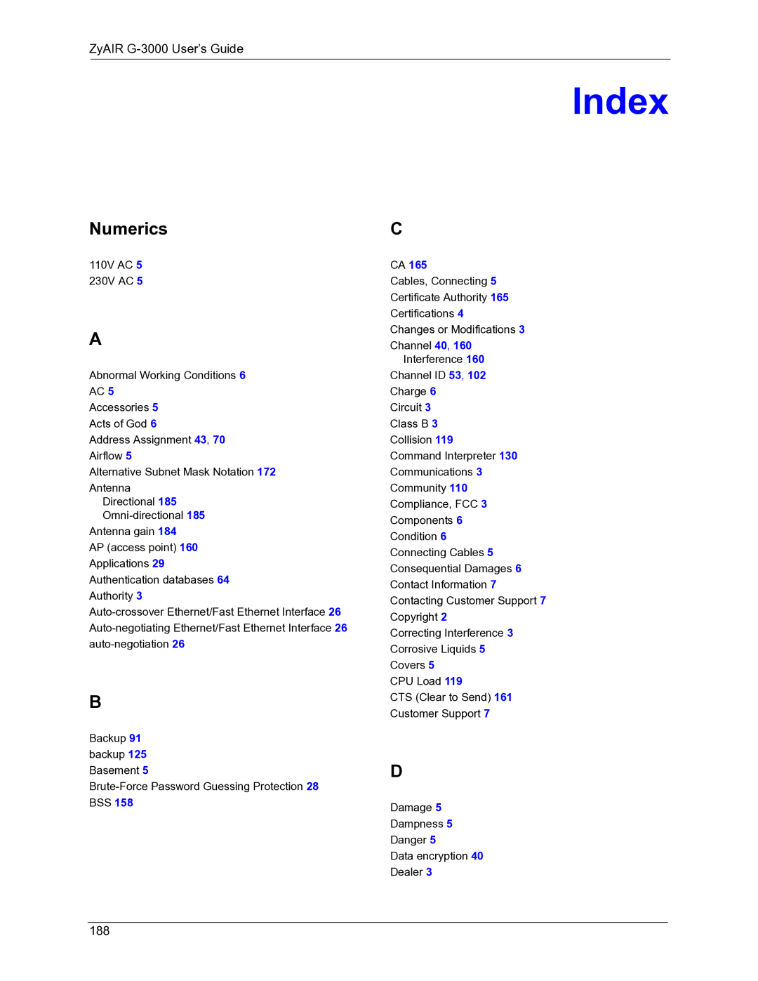 ZyXEL Communications G-1000 manual Numerics, ZyAIR G-3000 User’s Guide, 188 