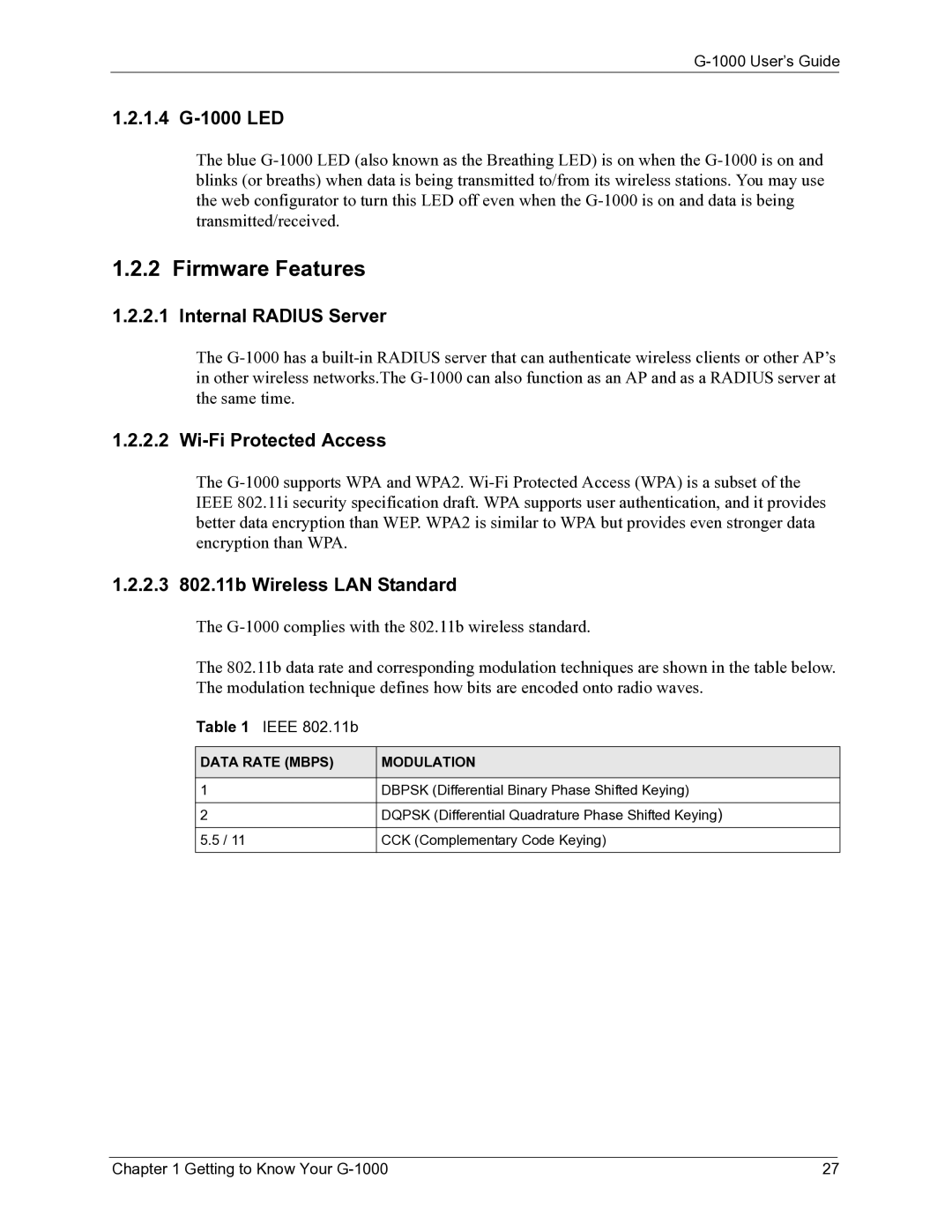 ZyXEL Communications G-1000 manual Firmware Features, Ieee 802.11b, Data Rate Mbps Modulation 