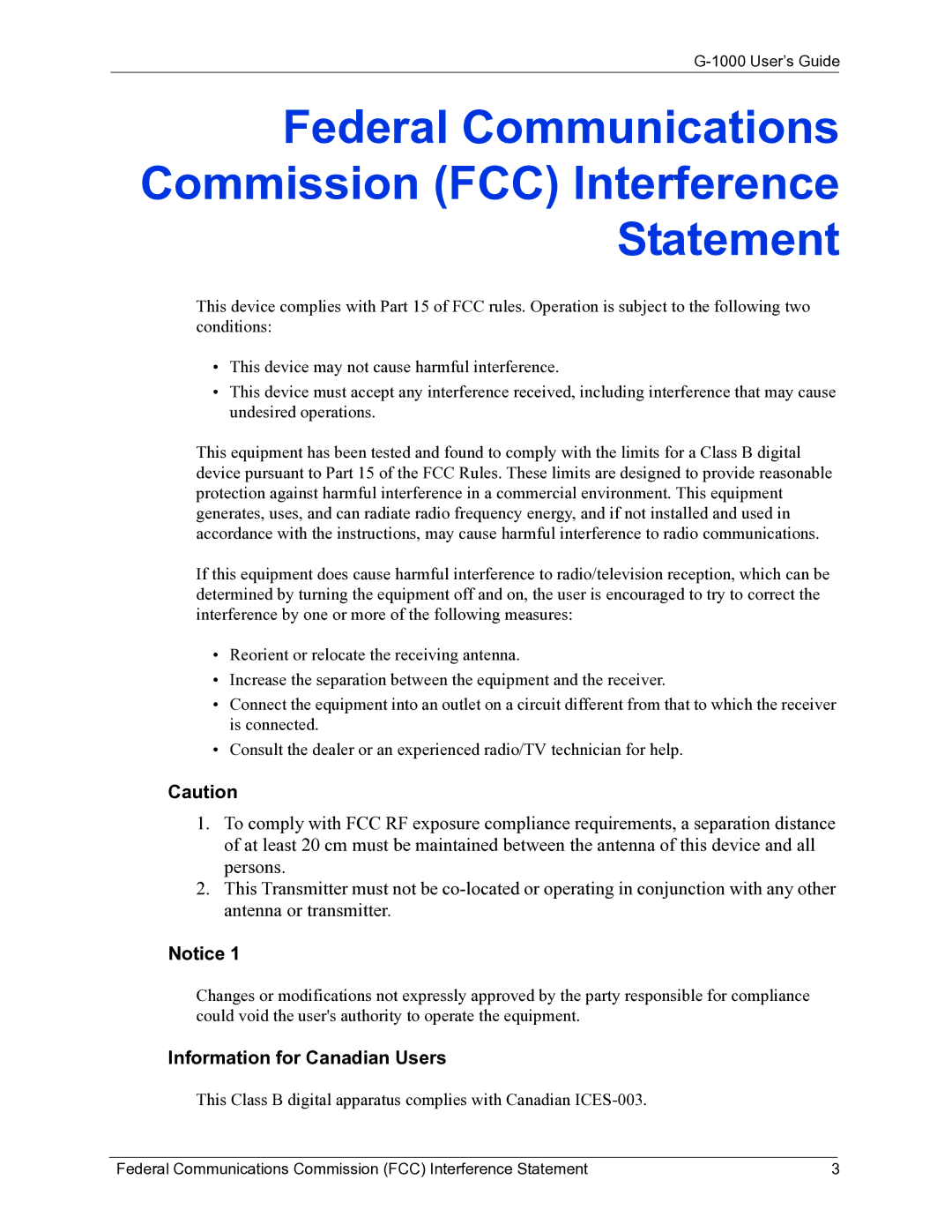 ZyXEL Communications G-1000 manual Federal Communications Commission FCC Interference Statement 