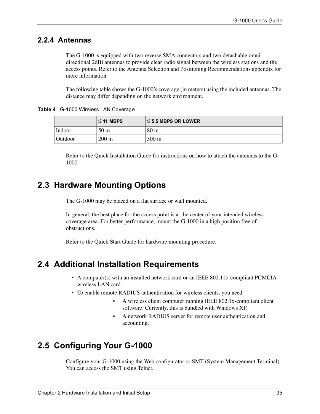 ZyXEL Communications Hardware Mounting Options, Additional Installation Requirements, Configuring Your G-1000, Antennas 