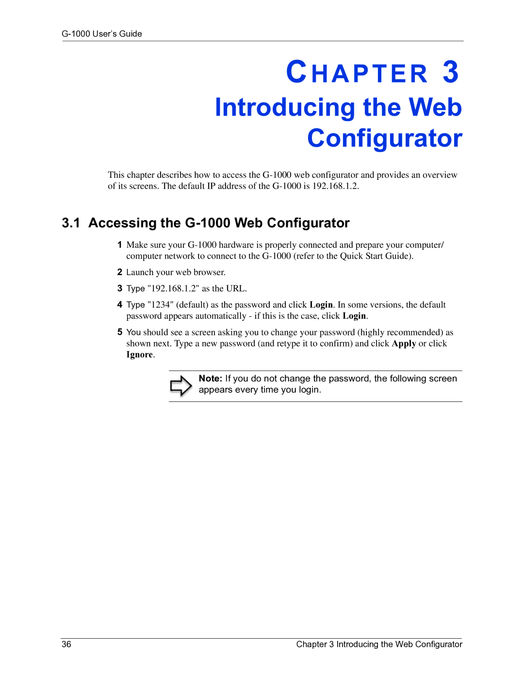 ZyXEL Communications manual Introducing the Web Configurator, Accessing the G-1000 Web Configurator 