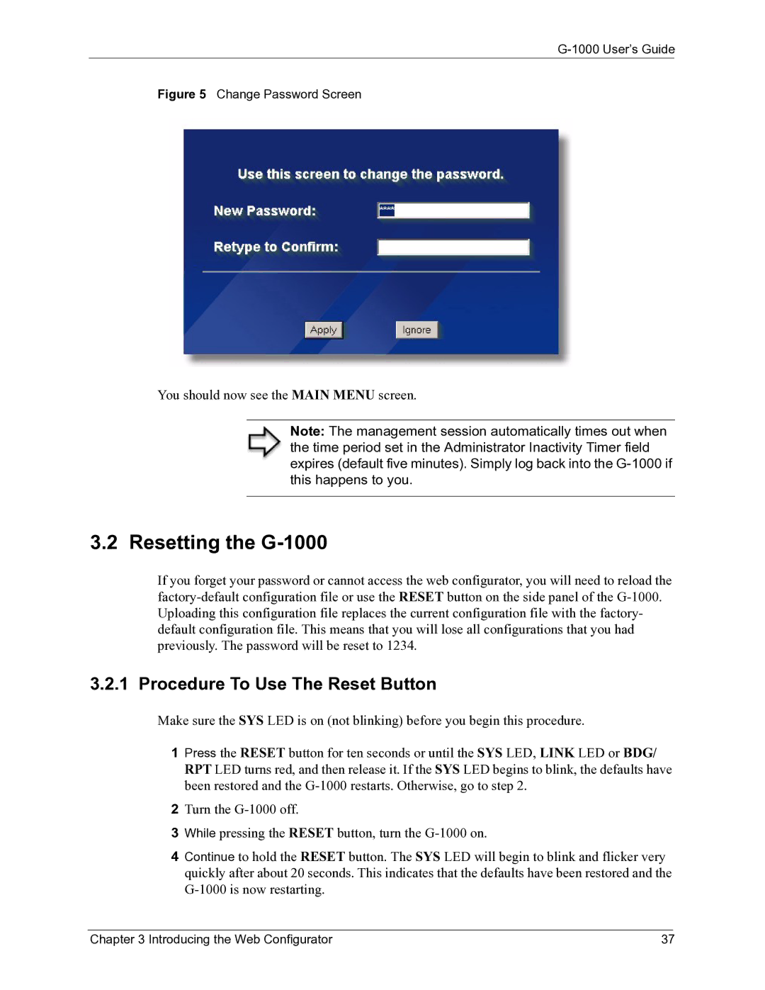 ZyXEL Communications manual Resetting the G-1000, Procedure To Use The Reset Button 