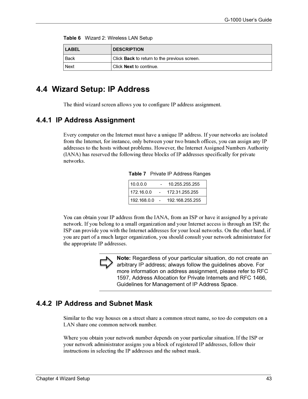 ZyXEL Communications G-1000 manual Wizard Setup IP Address, IP Address Assignment, IP Address and Subnet Mask 