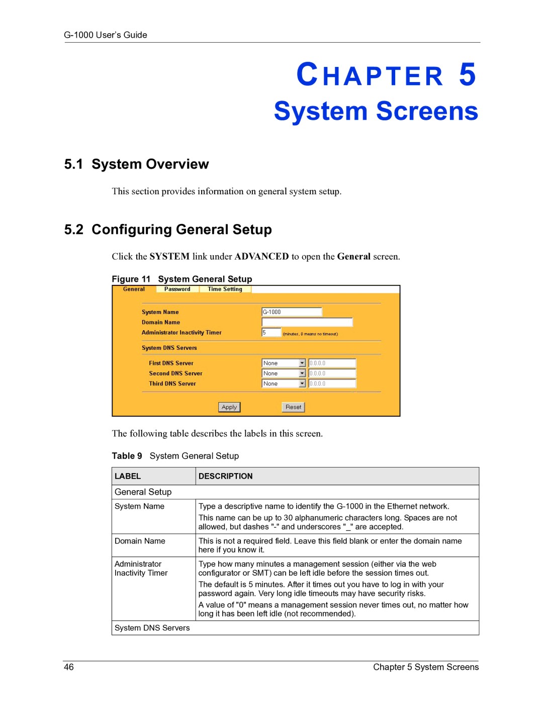 ZyXEL Communications G-1000 manual System Screens, System Overview, Configuring General Setup 