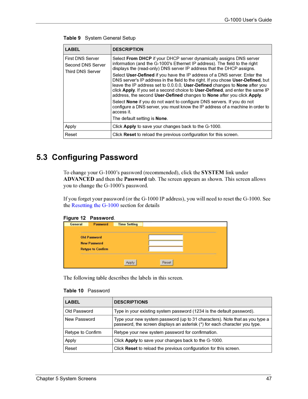 ZyXEL Communications G-1000 manual Configuring Password, Label Descriptions 