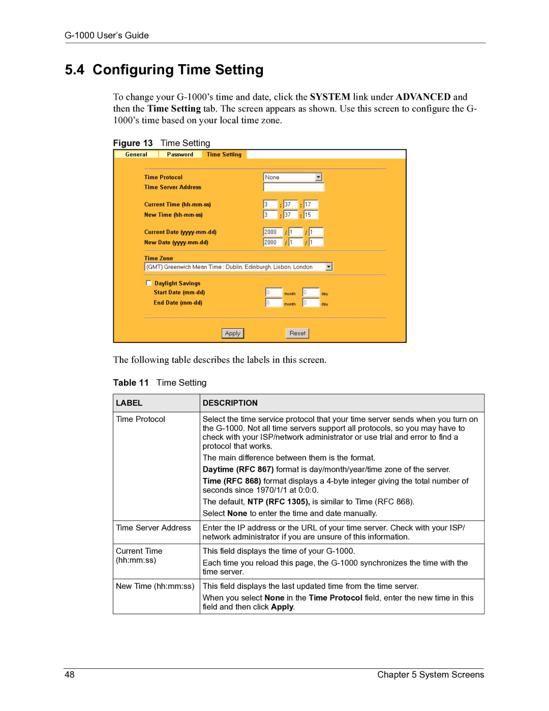 ZyXEL Communications G-1000 manual Configuring Time Setting 