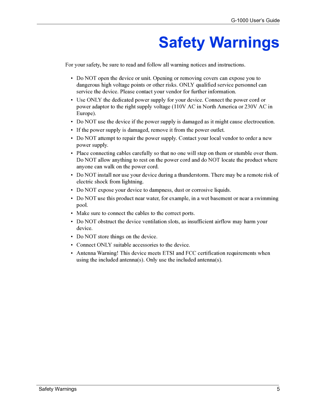 ZyXEL Communications G-1000 manual Safety Warnings 