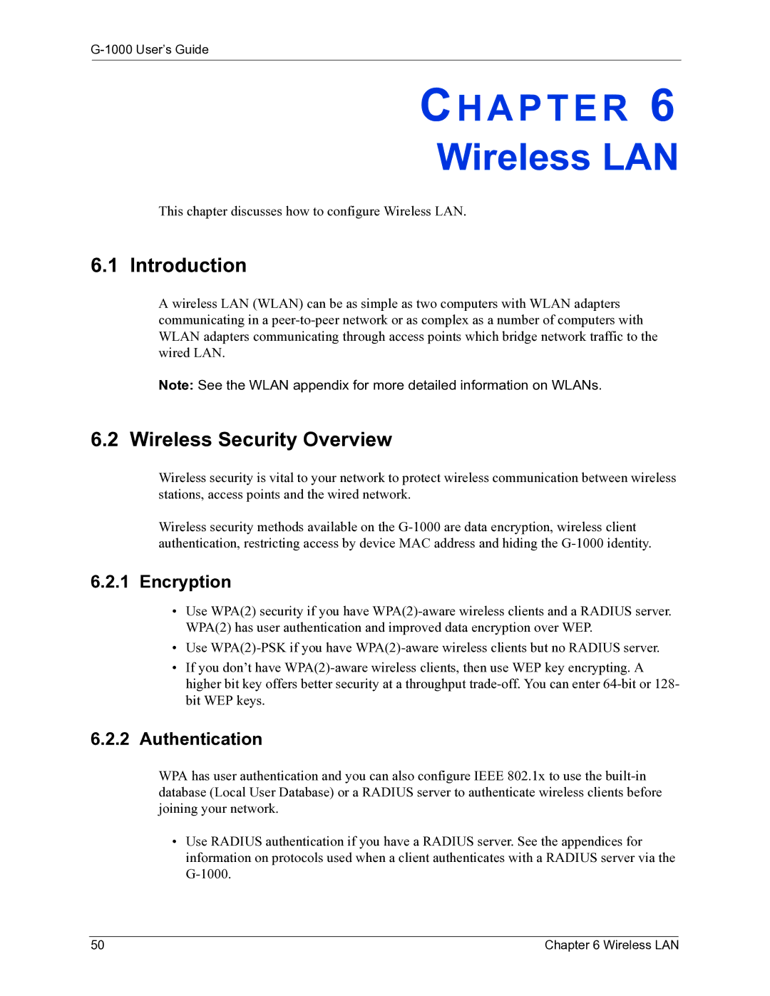 ZyXEL Communications G-1000 manual Wireless LAN, Introduction, Wireless Security Overview, Encryption, Authentication 