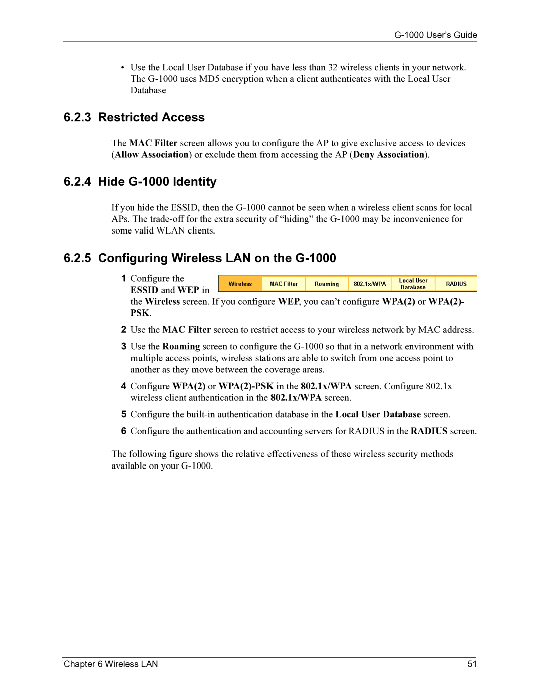 ZyXEL Communications manual Restricted Access, Hide G-1000 Identity, Configuring Wireless LAN on the G-1000 