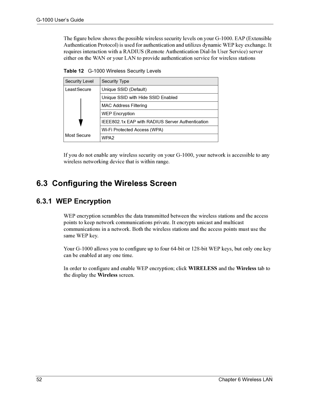 ZyXEL Communications G-1000 manual Configuring the Wireless Screen, Wireless Security Levels 