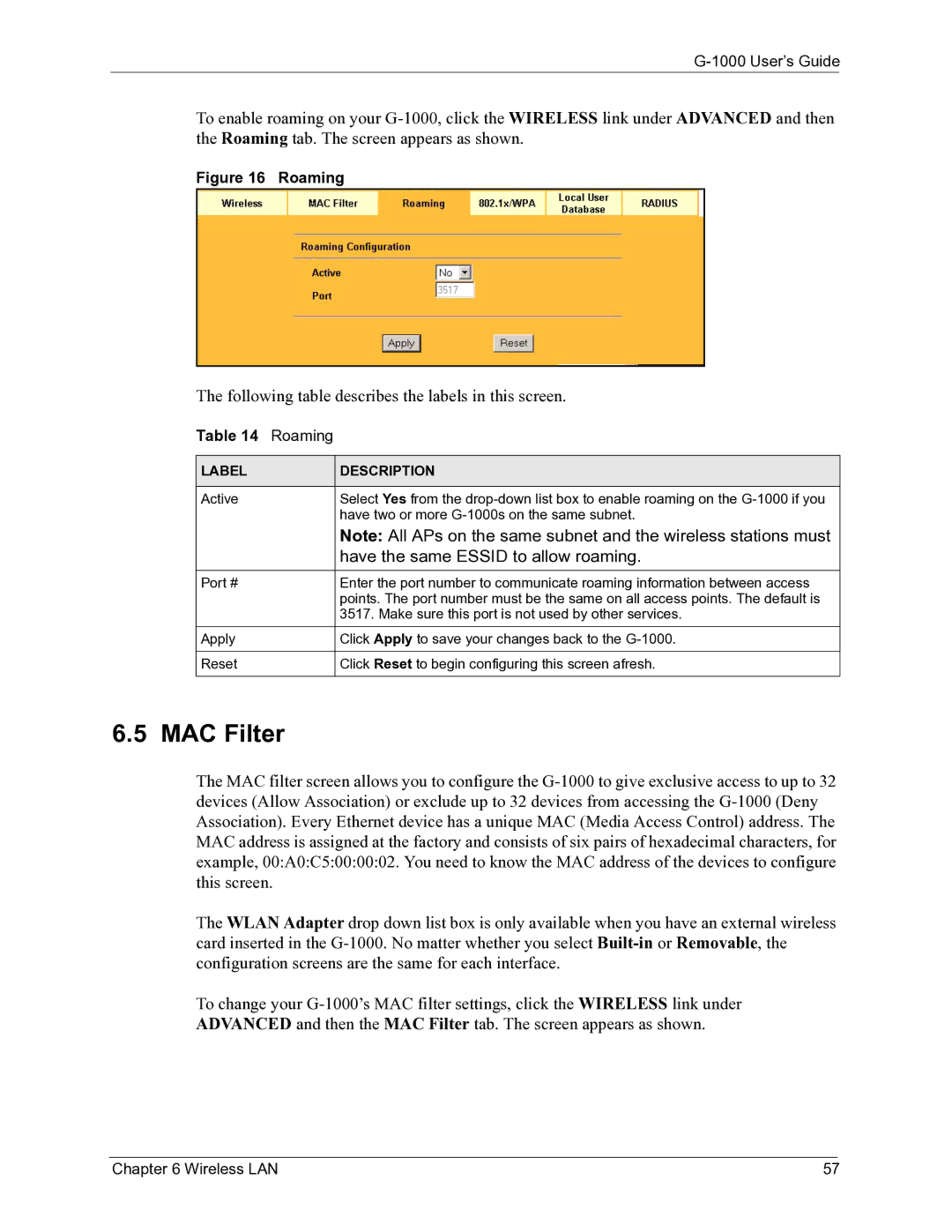 ZyXEL Communications G-1000 manual MAC Filter, Roaming 