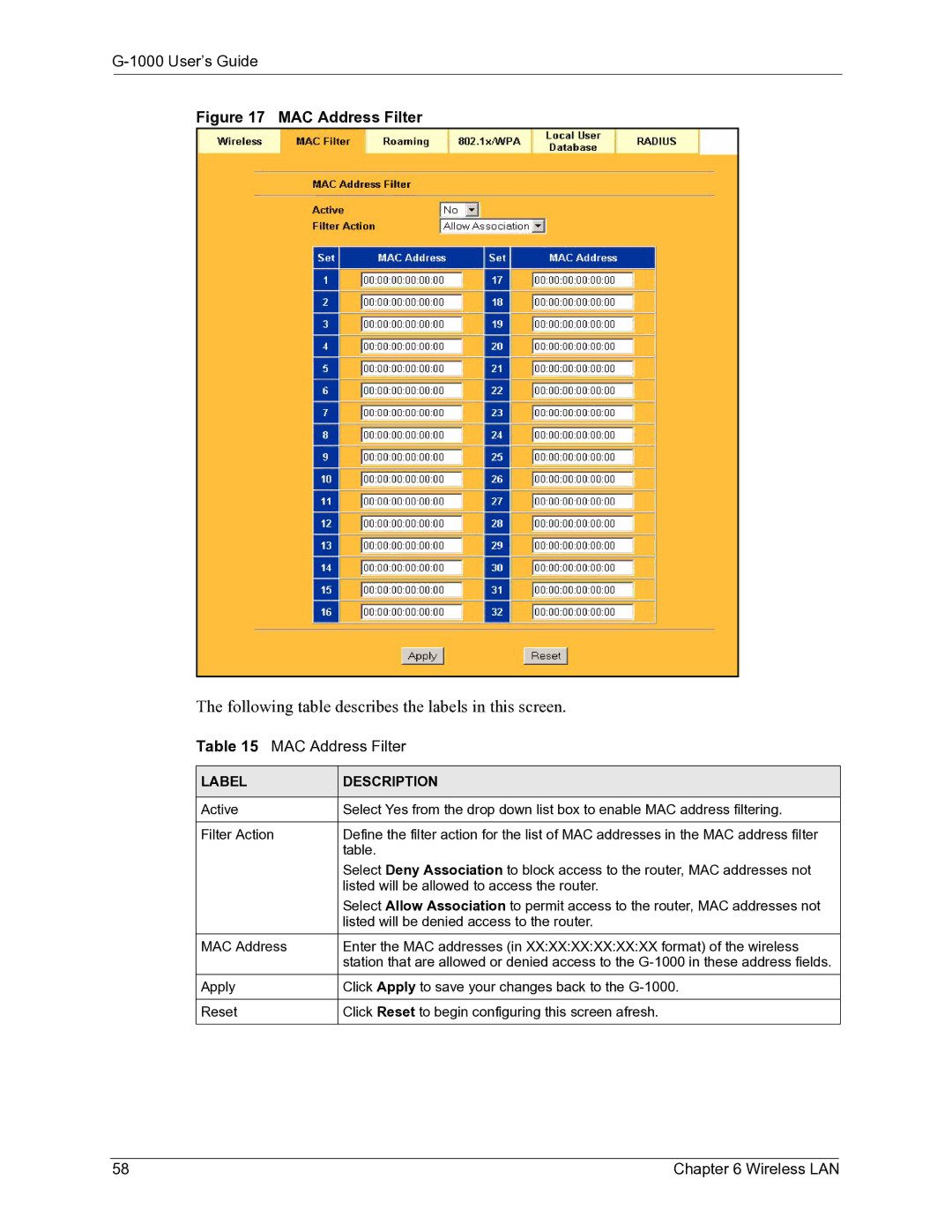 ZyXEL Communications G-1000 manual MAC Address Filter 