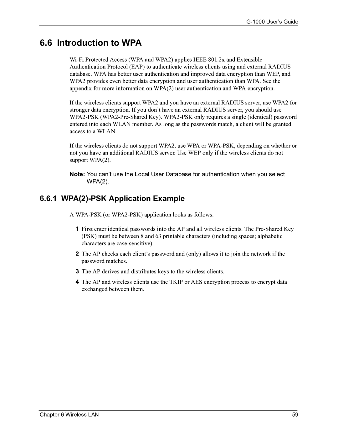 ZyXEL Communications G-1000 manual Introduction to WPA, 1 WPA2-PSK Application Example 