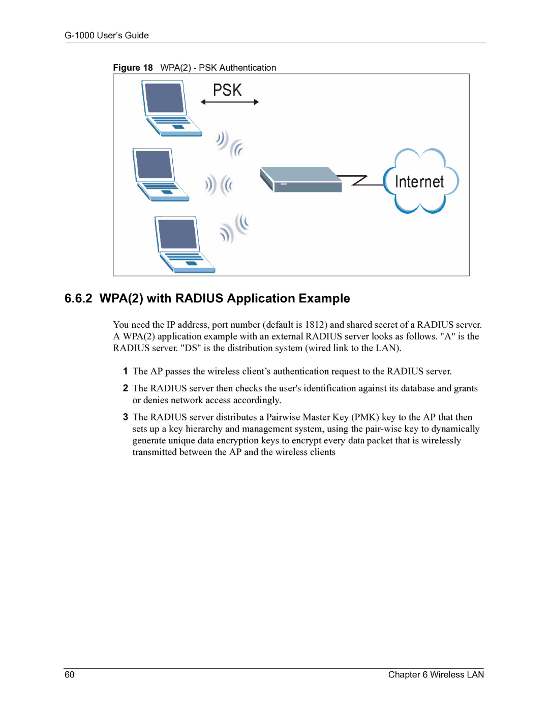 ZyXEL Communications G-1000 manual 2 WPA2 with Radius Application Example, WPA2 PSK Authentication 