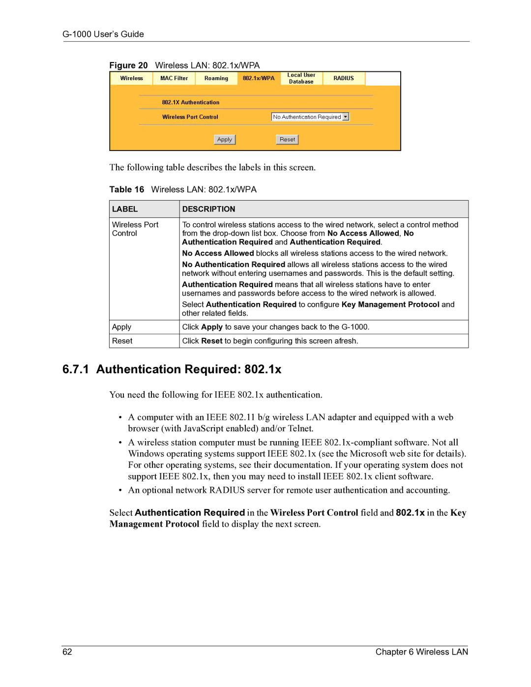 ZyXEL Communications G-1000 manual Authentication Required, Wireless LAN 802.1x/WPA 