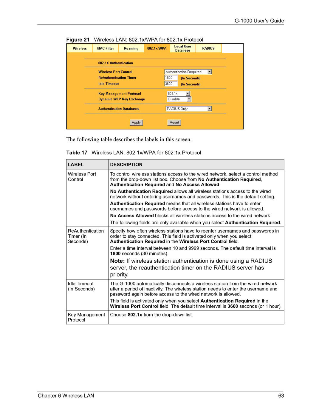 ZyXEL Communications G-1000 manual Server, the reauthentication timer on the Radius server has 