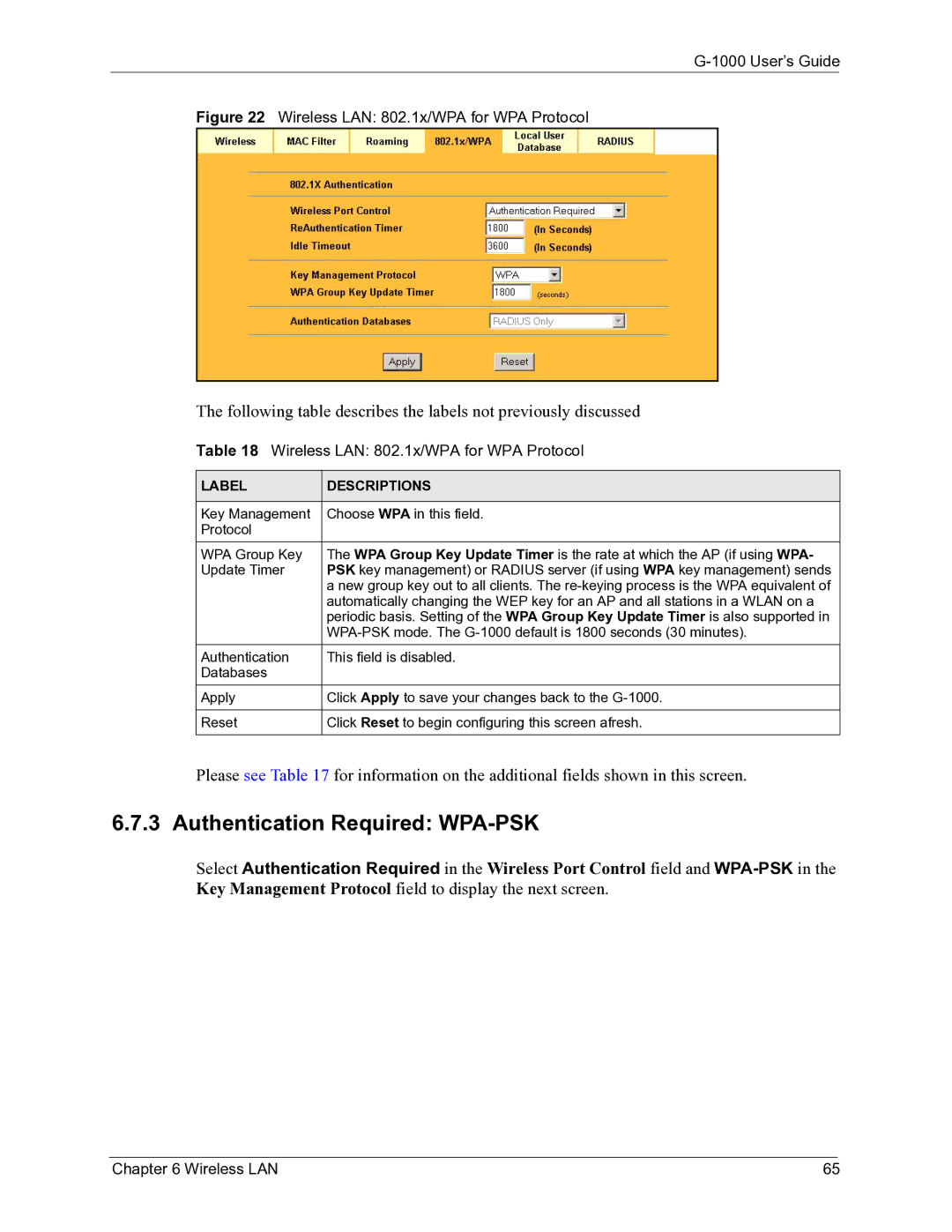 ZyXEL Communications G-1000 manual Authentication Required WPA-PSK, Wireless LAN 802.1x/WPA for WPA Protocol 