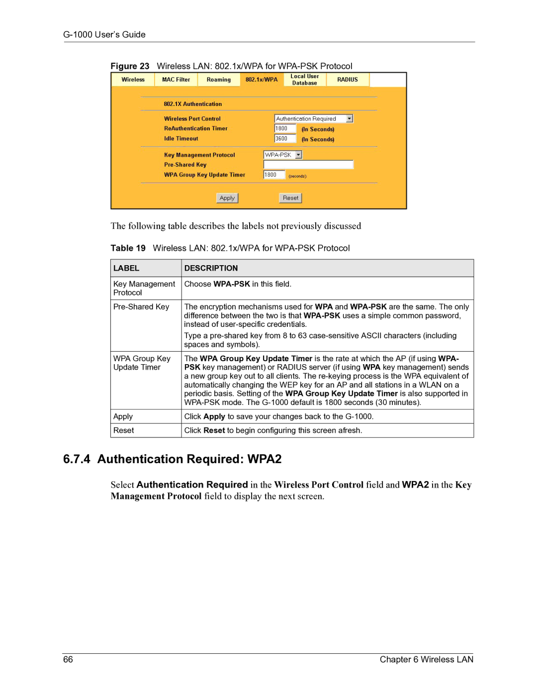 ZyXEL Communications G-1000 manual Authentication Required WPA2, Wireless LAN 802.1x/WPA for WPA-PSK Protocol 