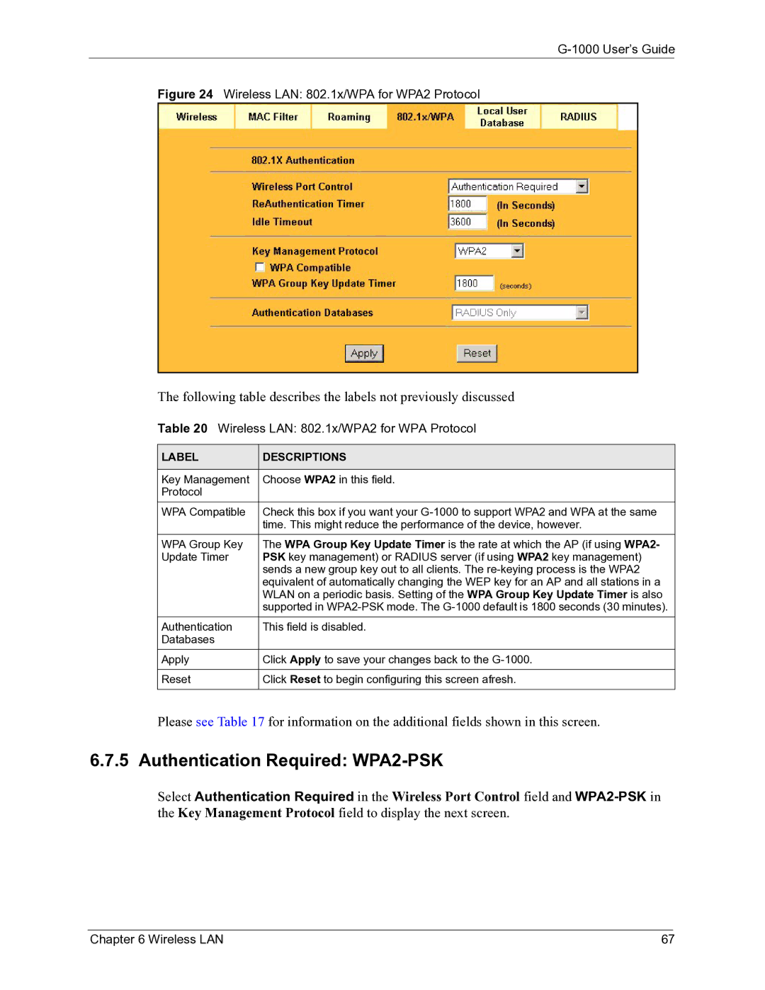 ZyXEL Communications G-1000 manual Authentication Required WPA2-PSK, Wireless LAN 802.1x/WPA2 for WPA Protocol 