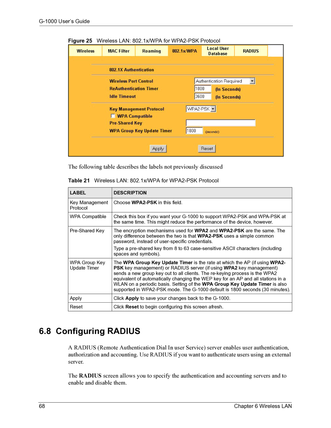 ZyXEL Communications G-1000 manual Configuring Radius, Wireless LAN 802.1x/WPA for WPA2-PSK Protocol 