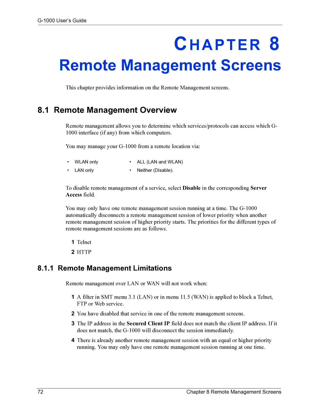 ZyXEL Communications G-1000 manual Remote Management Screens, Remote Management Overview, Remote Management Limitations 