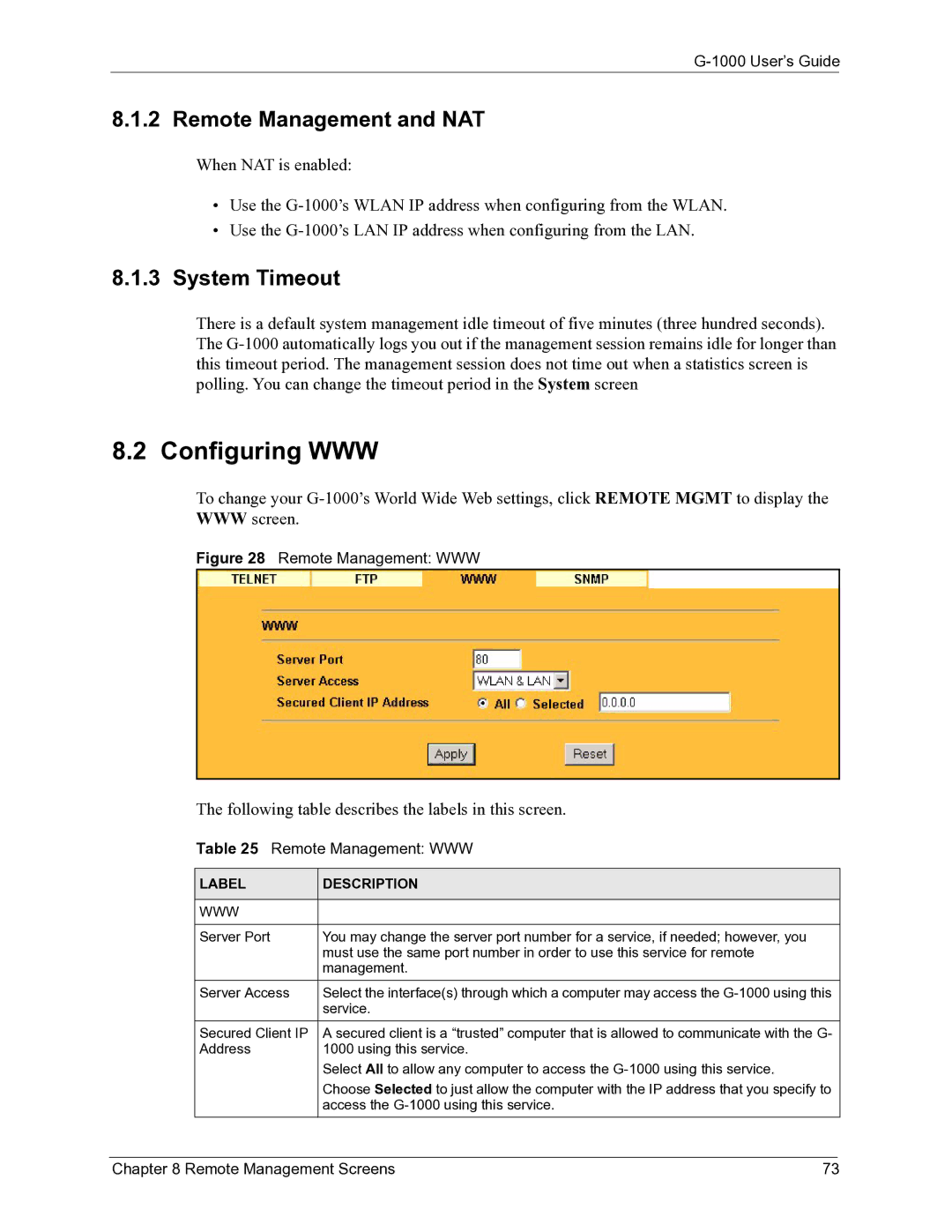 ZyXEL Communications G-1000 manual Configuring WWW, Remote Management and NAT, System Timeout 