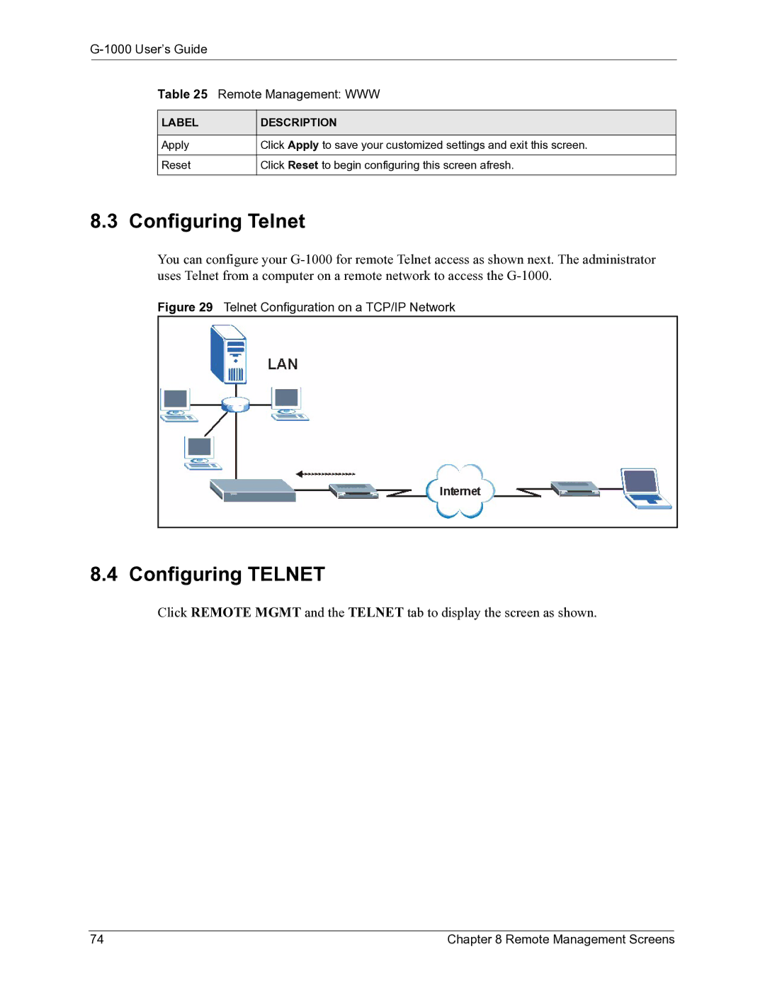 ZyXEL Communications G-1000 manual Configuring Telnet, User’s Guide Remote Management WWW 