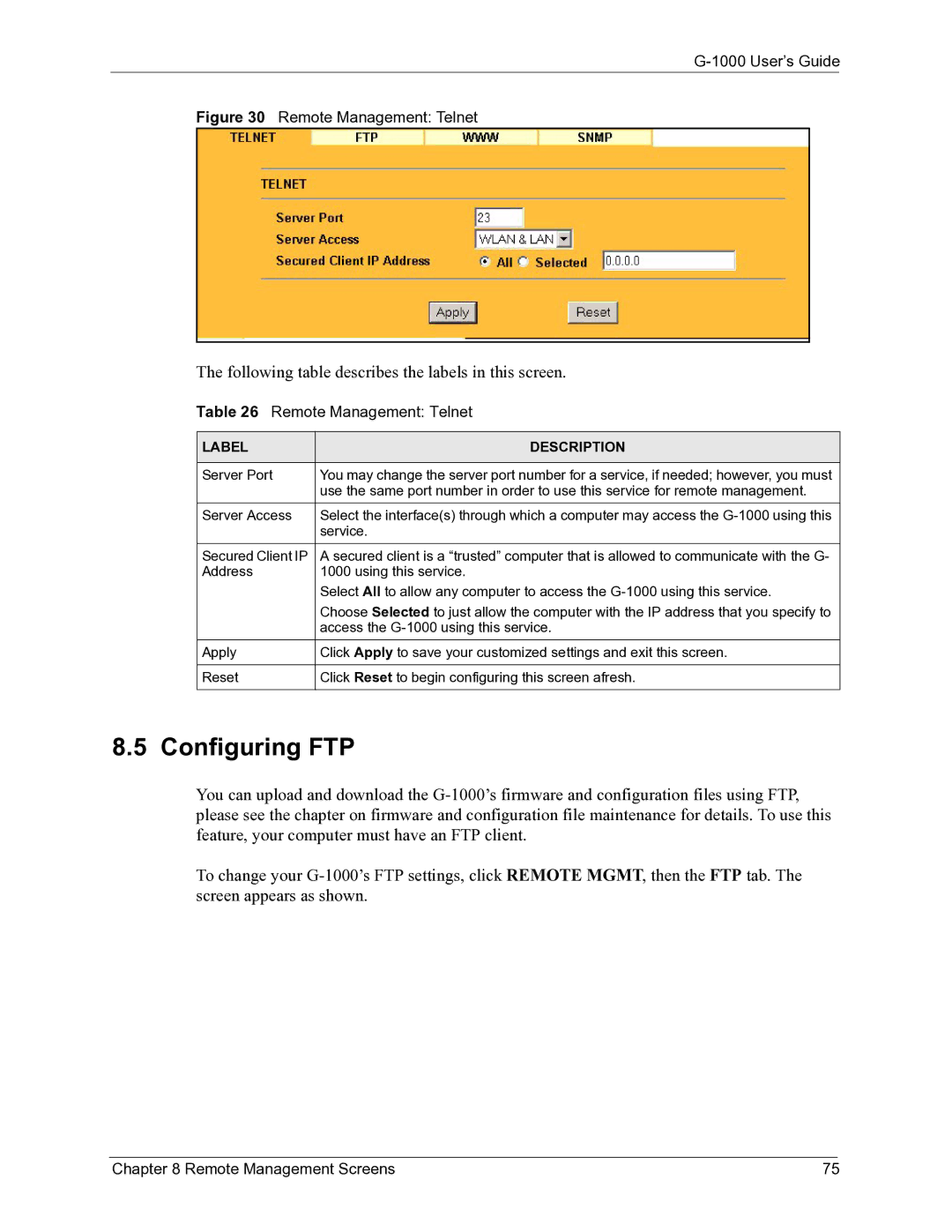 ZyXEL Communications G-1000 manual Configuring FTP, Remote Management Telnet 