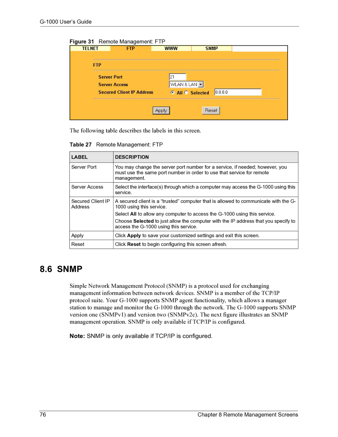 ZyXEL Communications G-1000 manual Snmp, Remote Management FTP 