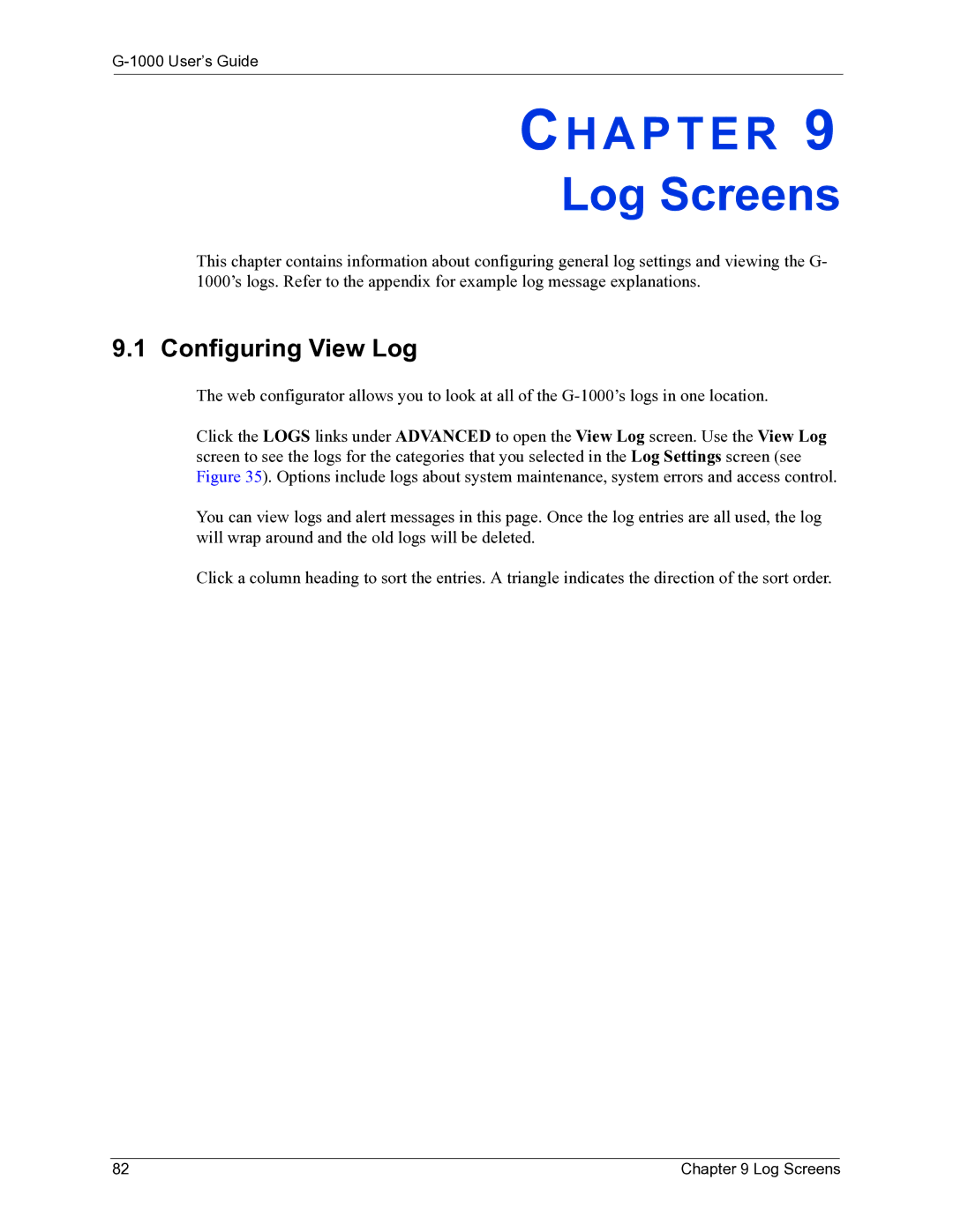 ZyXEL Communications G-1000 manual Log Screens, Configuring View Log 