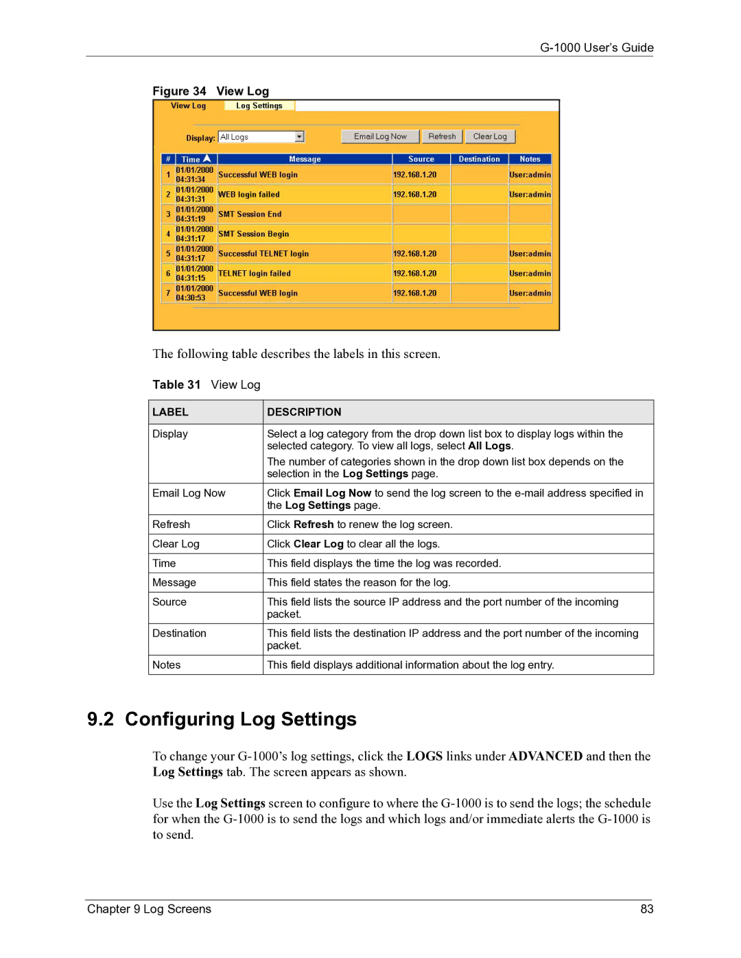 ZyXEL Communications G-1000 manual Configuring Log Settings 