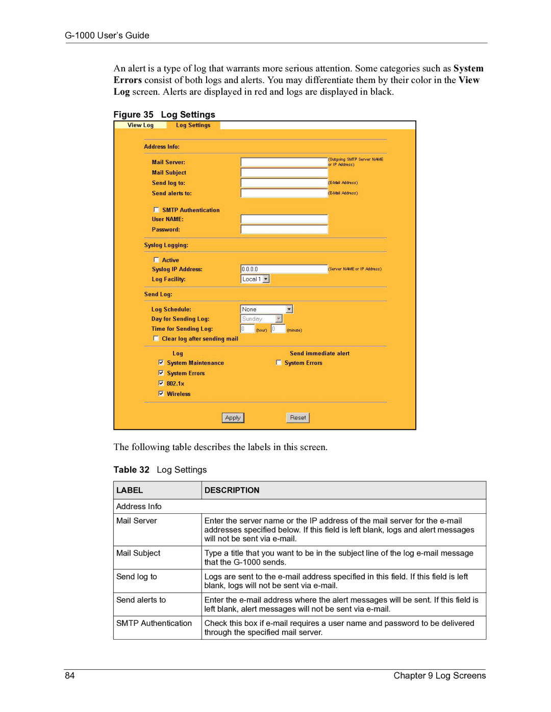 ZyXEL Communications G-1000 manual Log Settings 