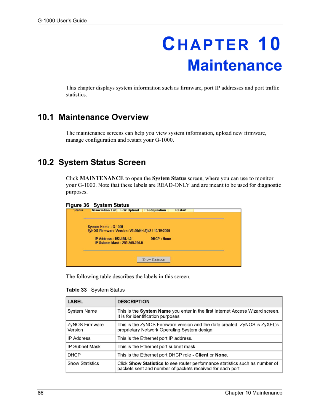 ZyXEL Communications G-1000 manual Maintenance Overview, System Status Screen 