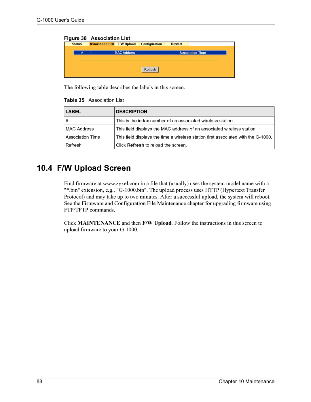 ZyXEL Communications G-1000 manual 10.4 F/W Upload Screen, Association List 