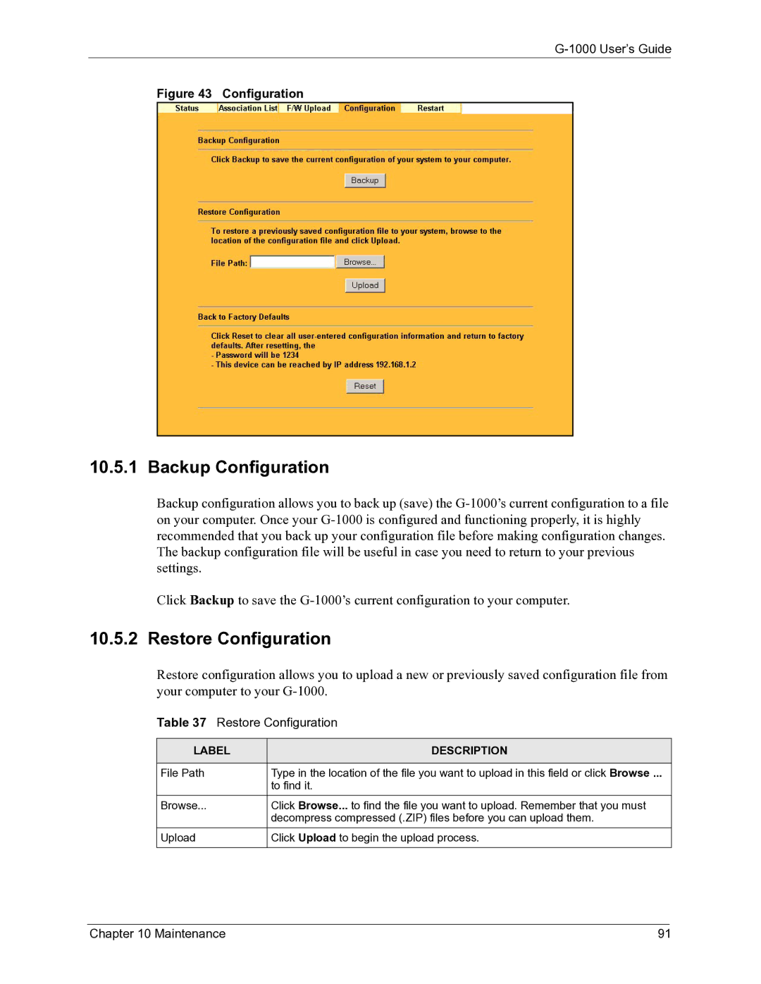 ZyXEL Communications G-1000 manual Backup Configuration, Restore Configuration 