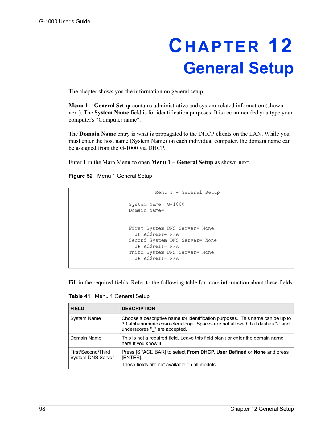 ZyXEL Communications G-1000 manual General Setup, Field Description 